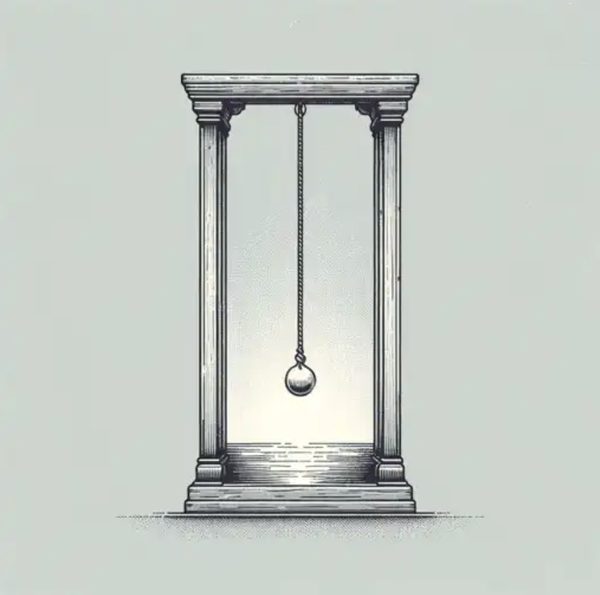 Illustration of a pendulum hanging still inside a pale classical frame