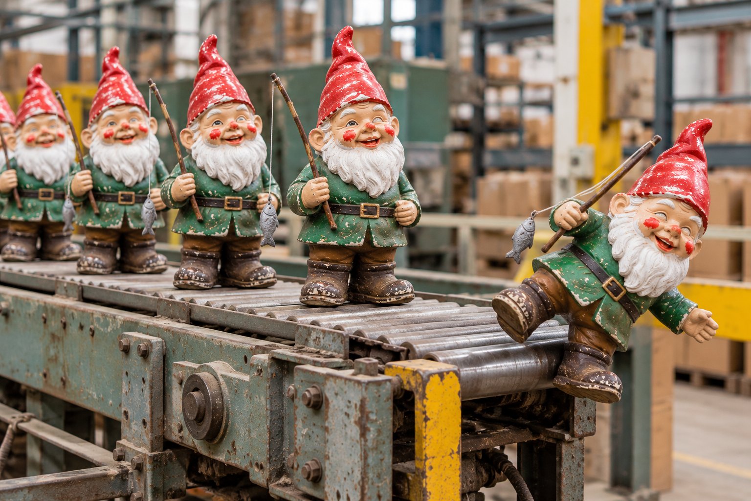 A row of identical Gilbert garden gnomes with red hats and fishing rods on a factory conveyor belt, with one toppling off the end